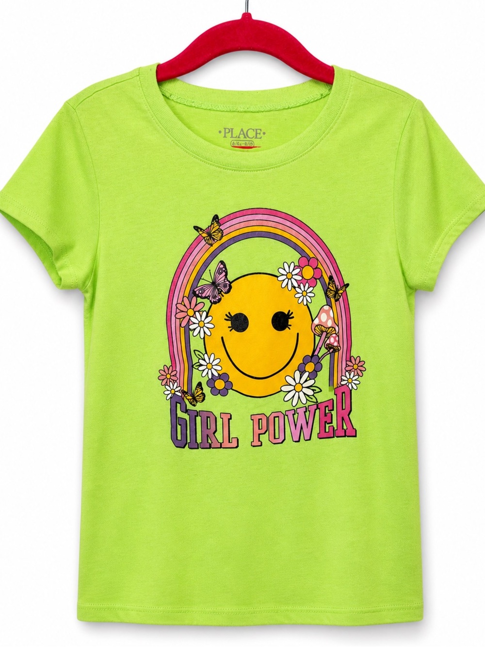 THE CHILDREN’S PLACE Girl Flower Power TShirt Neon Green Rainbow Smiley 5-6 Sz S